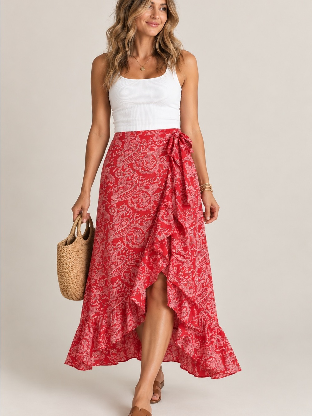 Universal Thread Red Paisley Ruffle Wrap Maxi Skirt Size L